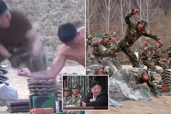 தலையால் செங்கற்களை உடைத்த வடகொரிய வீரர்கள் – சிரித்து ரசித்த கிம் ஜாங்-உன்!