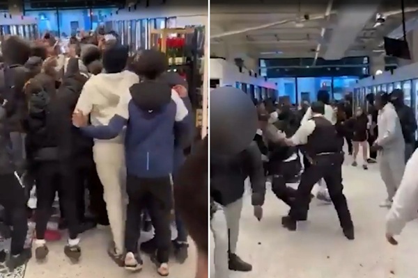 லண்டன் வணிக நிலையத்தில்  இளைஞர்கள் அட்டகாசம் – வேடிக்கை பார்த்த பாதுகாப்புப் படையினர்!