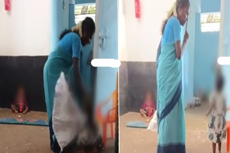 குழந்தையின் முகத்தை சாக்குப்பையால் மூடி சித்திரவதை செய்த பெண் ஊழியர் ; நெஞ்சை பதறவைக்கும் காணொளி
