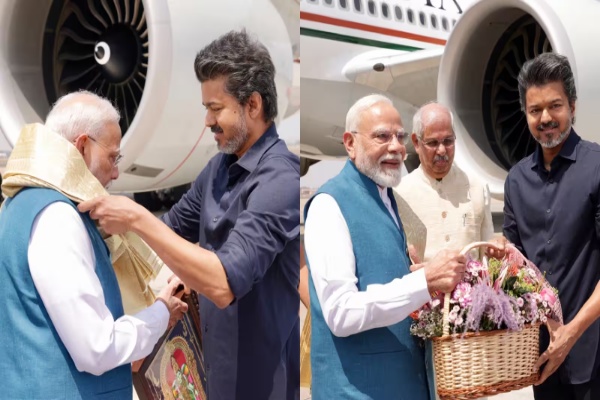 சென்னை விமான நிலையத்தில் பிரதமர் மோடியை வரவேற்ற முதலமைச்சர் விஜய்: உடை குறித்த விவாதங்கள்